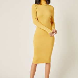 Titim Dearadh Nua Mná Sexy Skinny Páirtí Gúna Dath Soladach Muineál Ard Muinchille Fada Gúna ócáideach Classy Bodycon Midi (4)